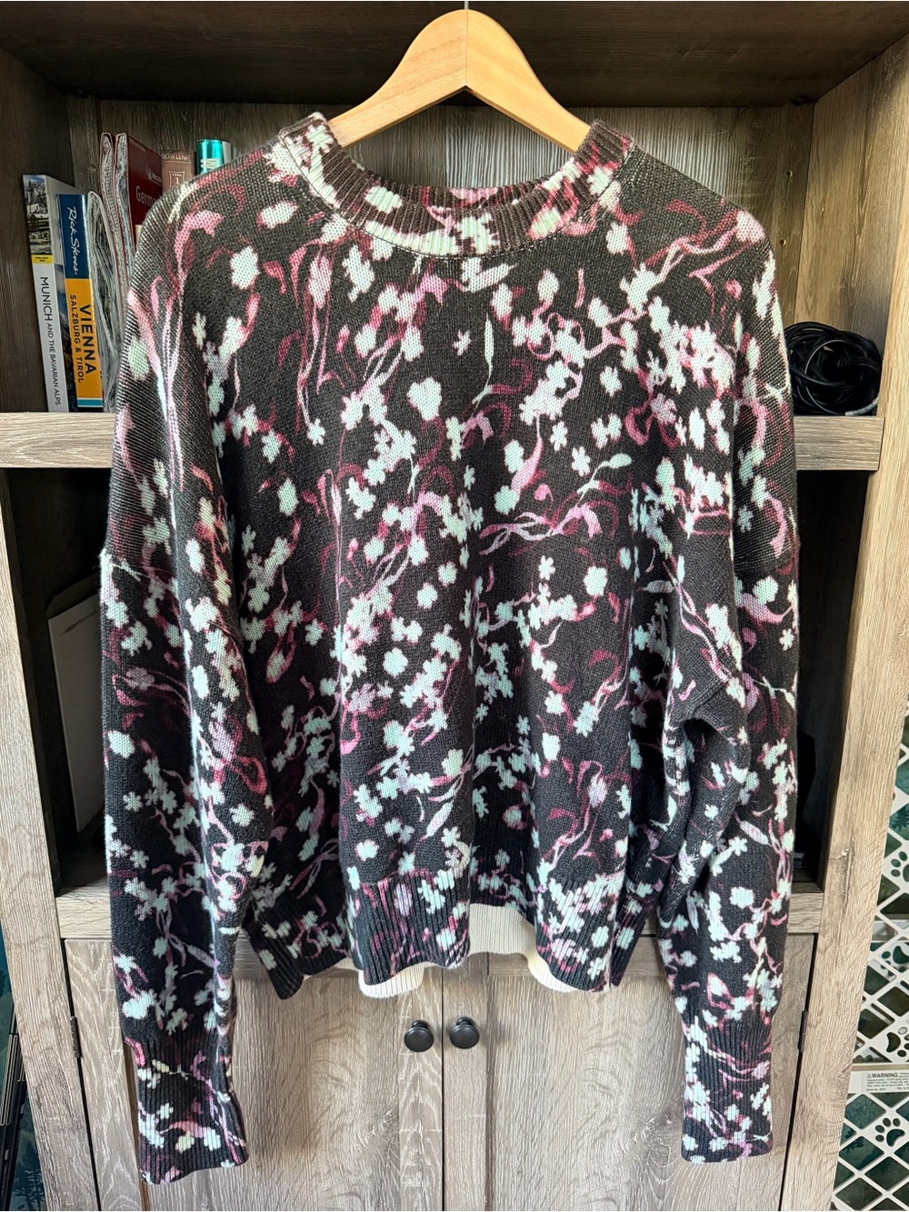 Paul Smith Black Crewneck Sweater with Pink & White Floral Jacquard